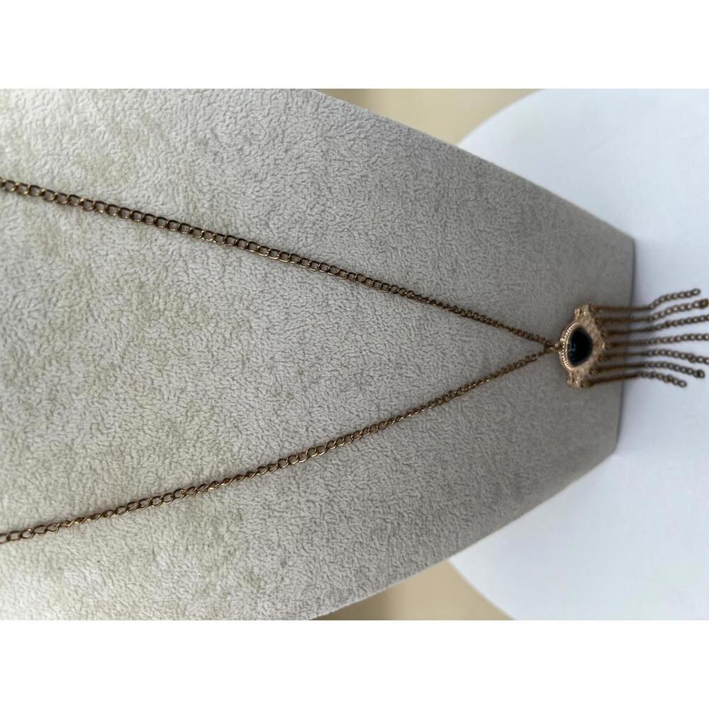 Vintage Style Gold Tone Necklace with Black Pendant and Chain Fringe - Picture 4 of 8